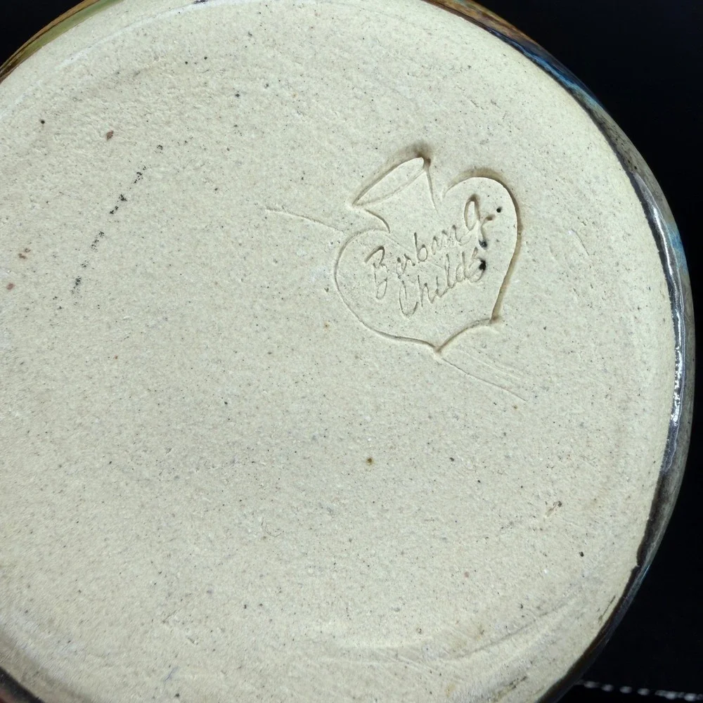 Barbara G Childs Studio Pottery Handled Bowl Dish‎ Ochre Drip Glaze Signed